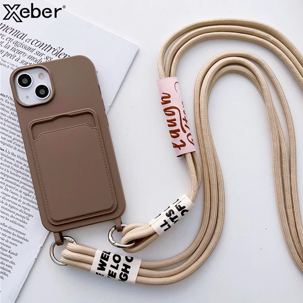 Crossbody Lanyard Strap Slot Card Wallet Case iPhone 15 Pro Max 14 13 12 11 Necklace Shoulder Silicone Soft Shockproof Cover