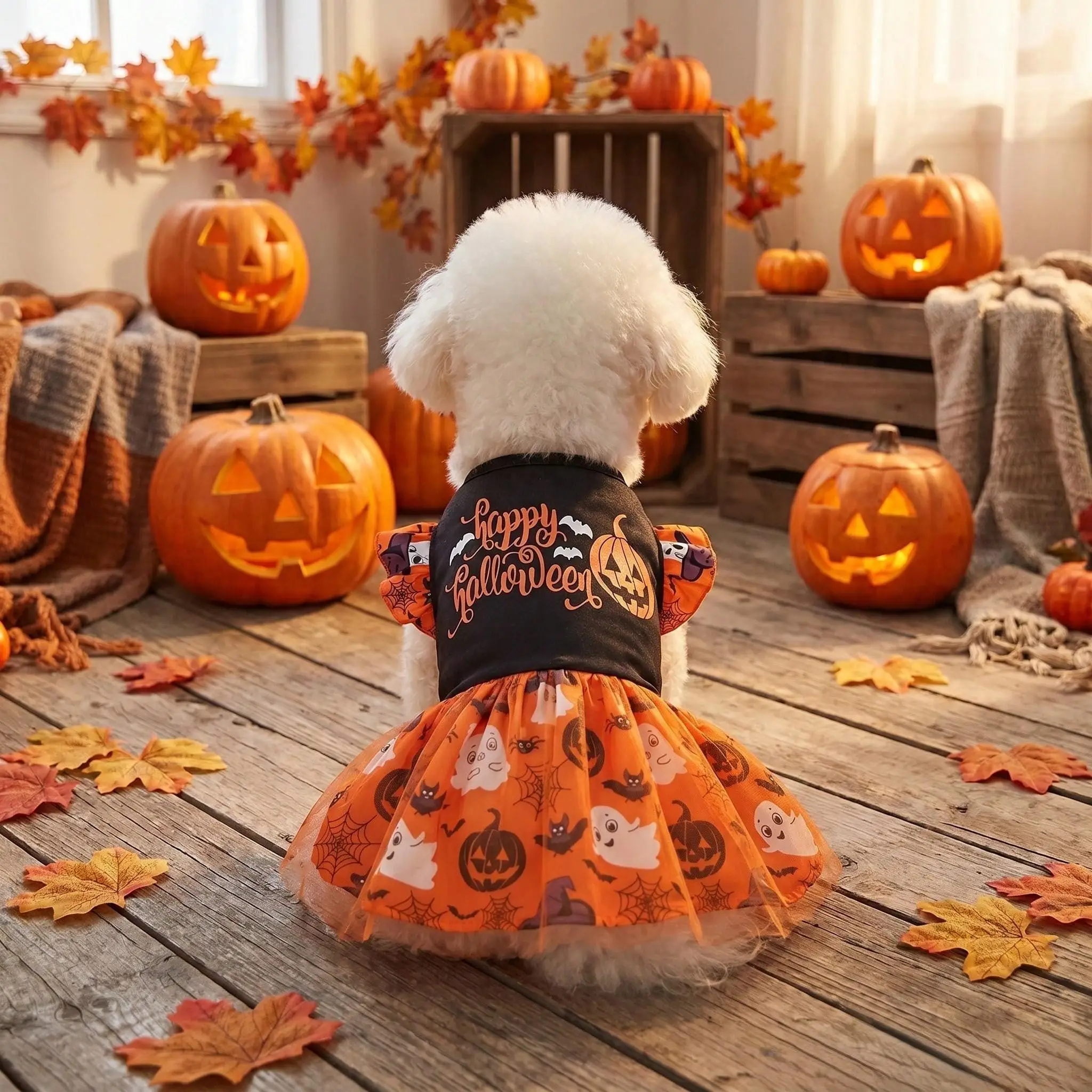 Fröhliches Halloween-Hundekleid mit Rüschen, Kürbis, Geist, Fledermaus, Spinne, orangefarbenem Netz-Tüllrock, Haustier-Outfit für kleine und mittelgroße Hunde und Katzen – Detail 2