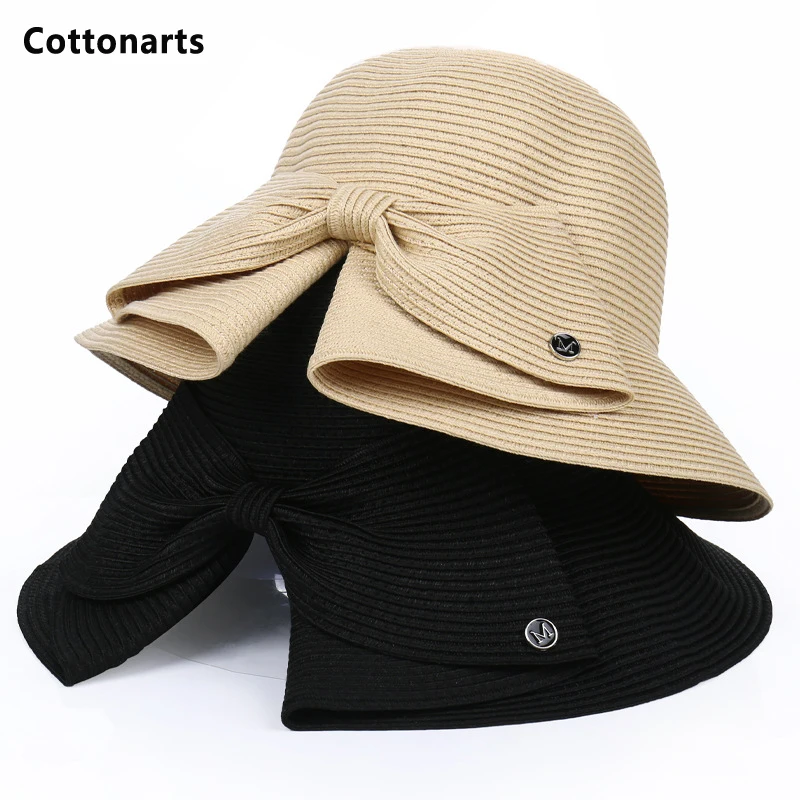 New Popular Bow Anti-UV Sun Hat Cap Wide Brim Summer Hats For Women Beach Panama Straw Dome Bucket Cap Breathable Visor Bonnet