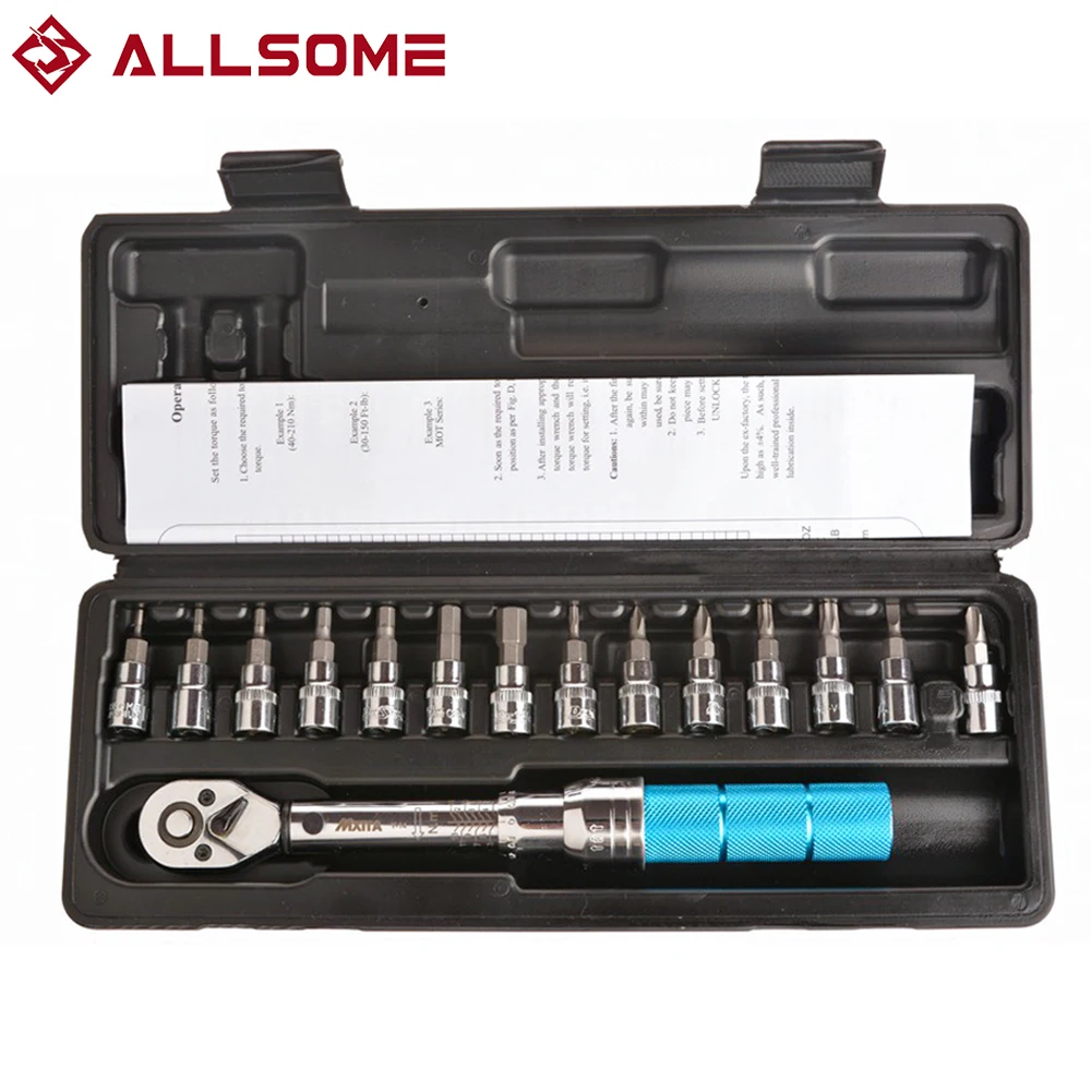 Allsome 1/4-Inch Drive Click Torque Wrench 2-14Nm Bicycle Tool Kit for MTB Mountain Road Bikes with Allen Key, Torx Sockets