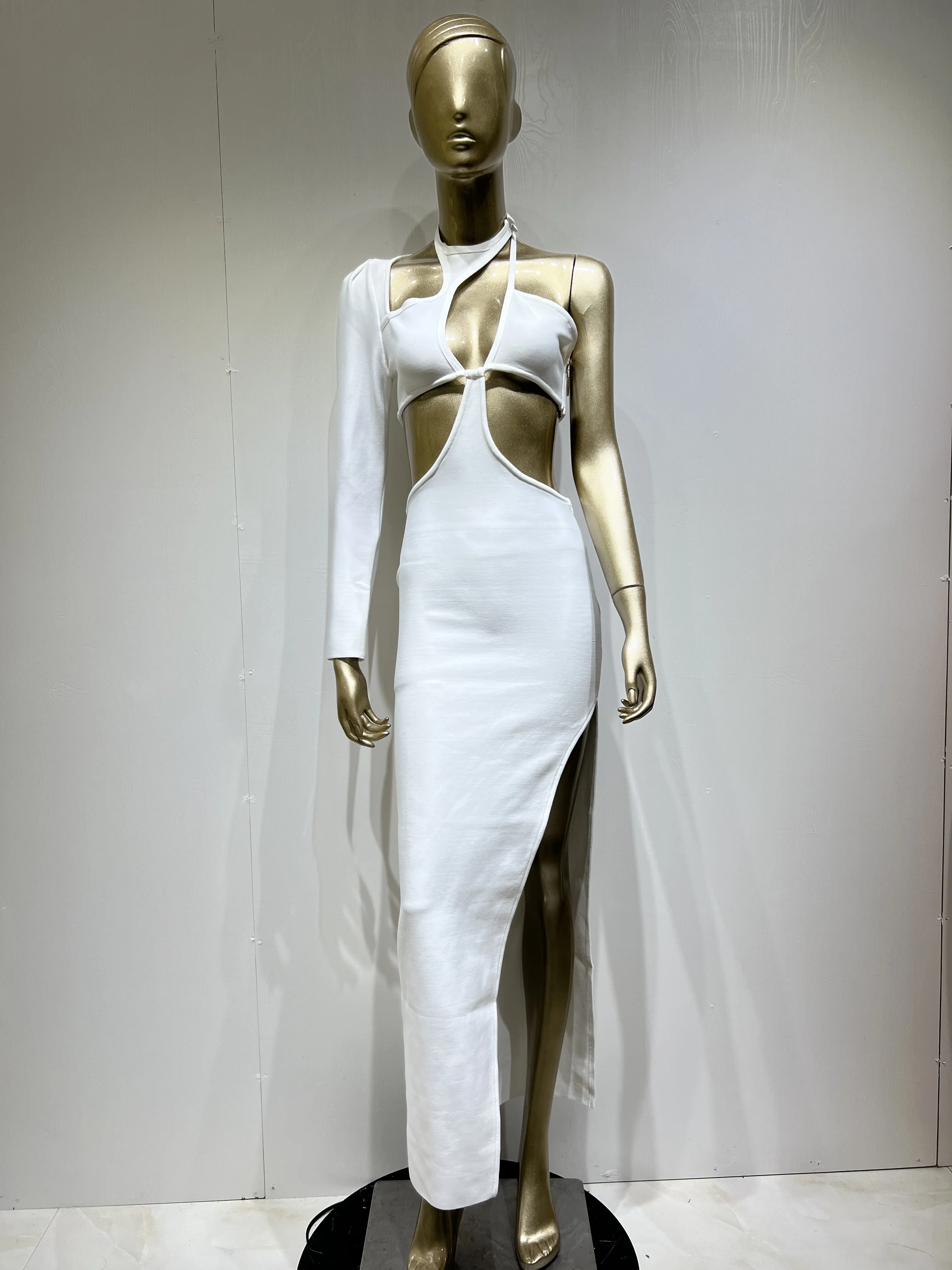 Vestido Bandage de una sola manga para mujer, Vestido de fiesta de noche elegante, ceñido al cuerpo, abertura, blanco, Sexy, nuevo