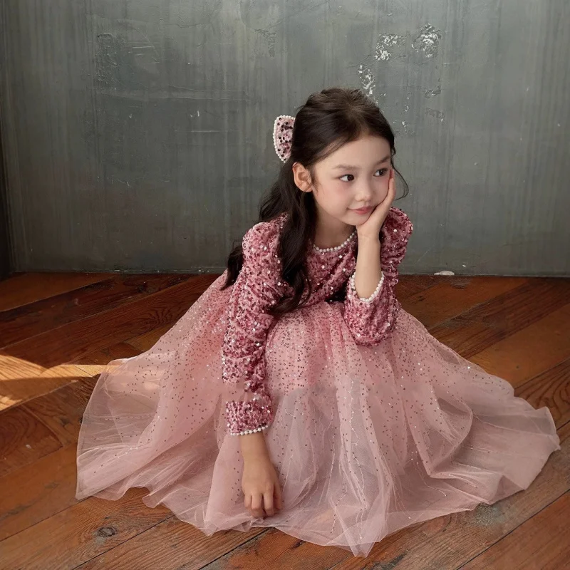 Girls' Sequin Veil Dress with Fleece Lining, Thickened Fairy Princess Dress2025New Winter Fashion Foreign Trade Children's Cloth