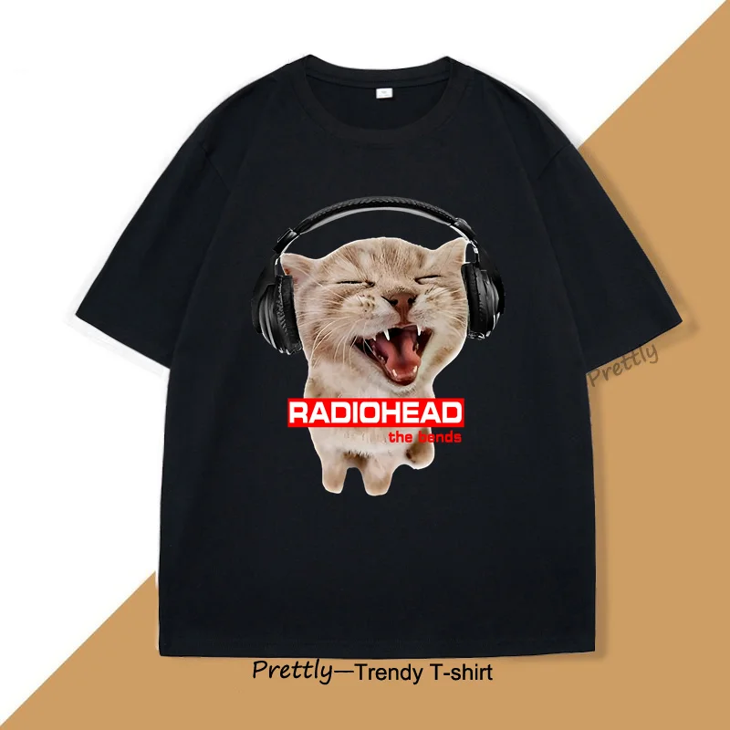 Vintage Cat with Headphones Radiohead T-shirt Cute Cat Rock T Shirt Men Women Cotton Short Sleeve Round Neck Tshirt Streetwear