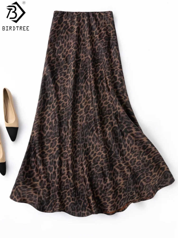 

Birdtree, 100% Silk Leopard Print Skirt, Bias-cut, Women Gambiered Silk Elegant Skirts, Elastic Waist, 2026 Spring NewD63432JF