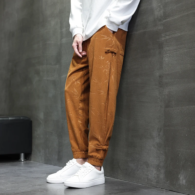 plus Size Men's Bamboo Pattern Sweatpants M-XXXXXL Elastic Waist Casual Streetwear Ankle Corduroy Pants 3XL 4XL 5XL