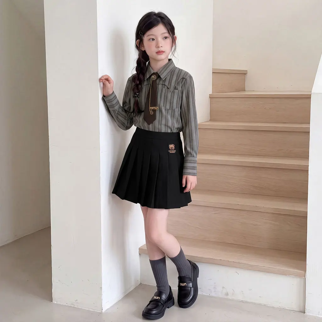 Children Clothes Suit Girls Autumn Preppy Style Striped Shirt with Tie and Black Pleated Skirt