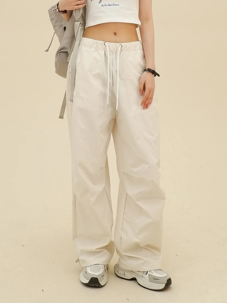 Bow casual pants for women in spring 2024, new loose fitting BF American style high street retro couple wide legs