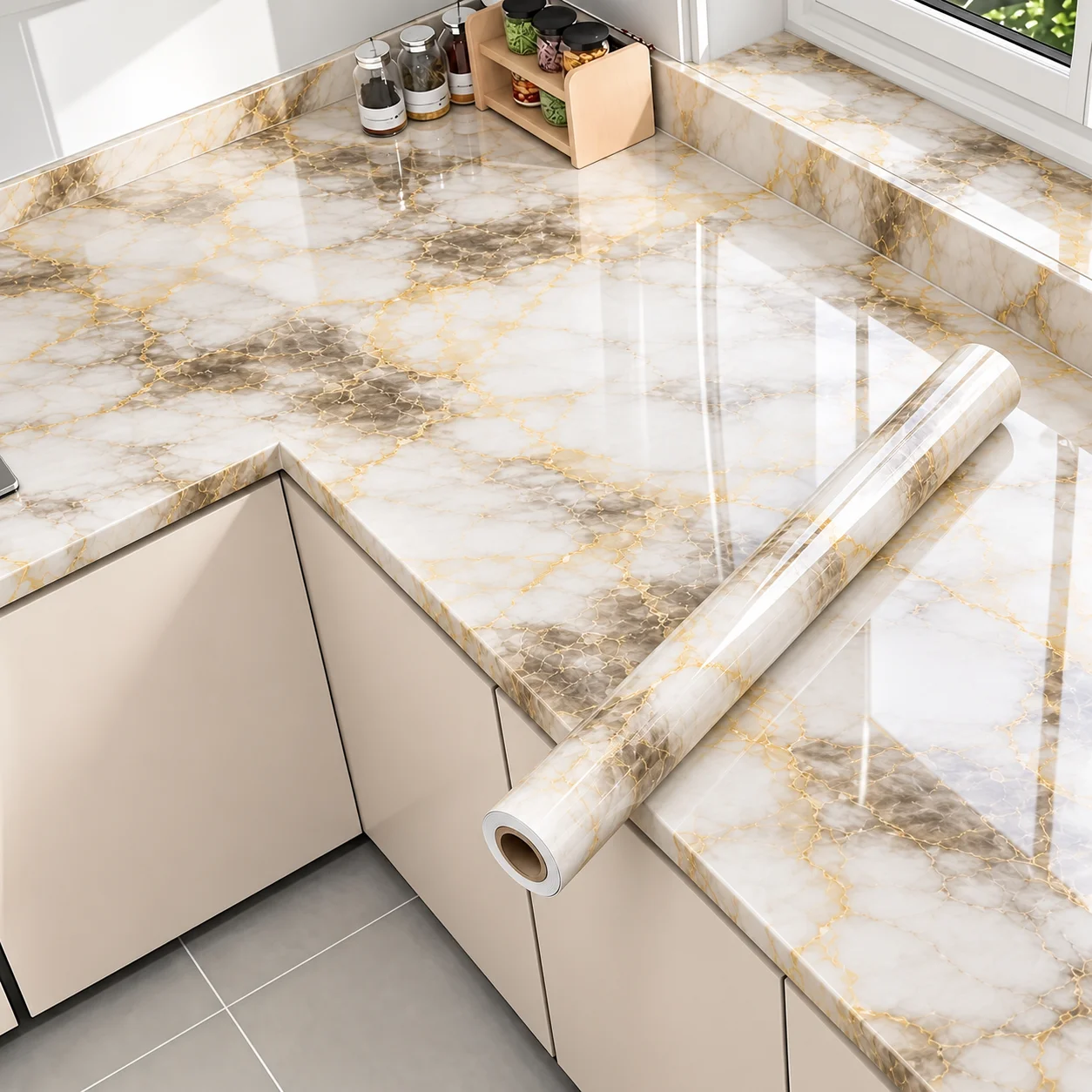 Glossy Marble Anti-Oil Vinyl Sticker Moistureproof Wear Resistant Decor Wallpaper For Kitchen Stove Background Tabletop Update.