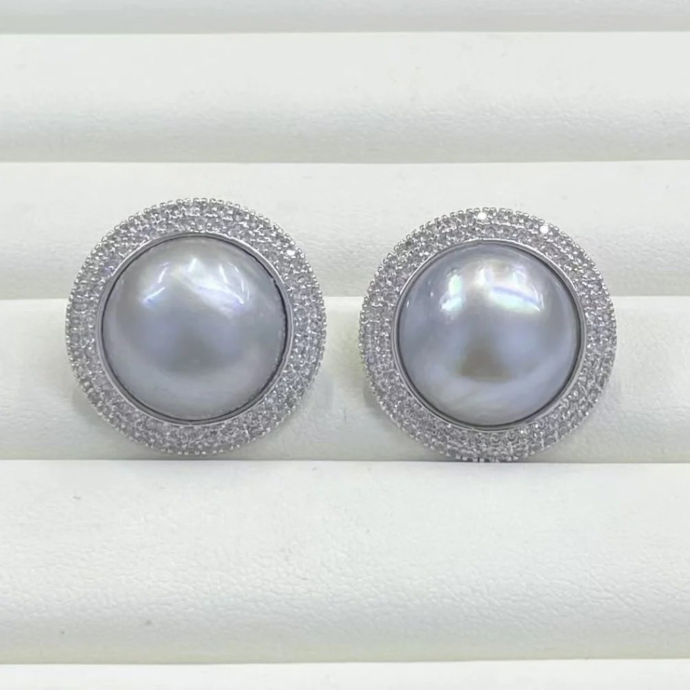 Pendientes de Perlas Mabe Gris Platino Dara, Perlas de Agua de Mar de Gran Tamaño, Forma Circular, Joyería