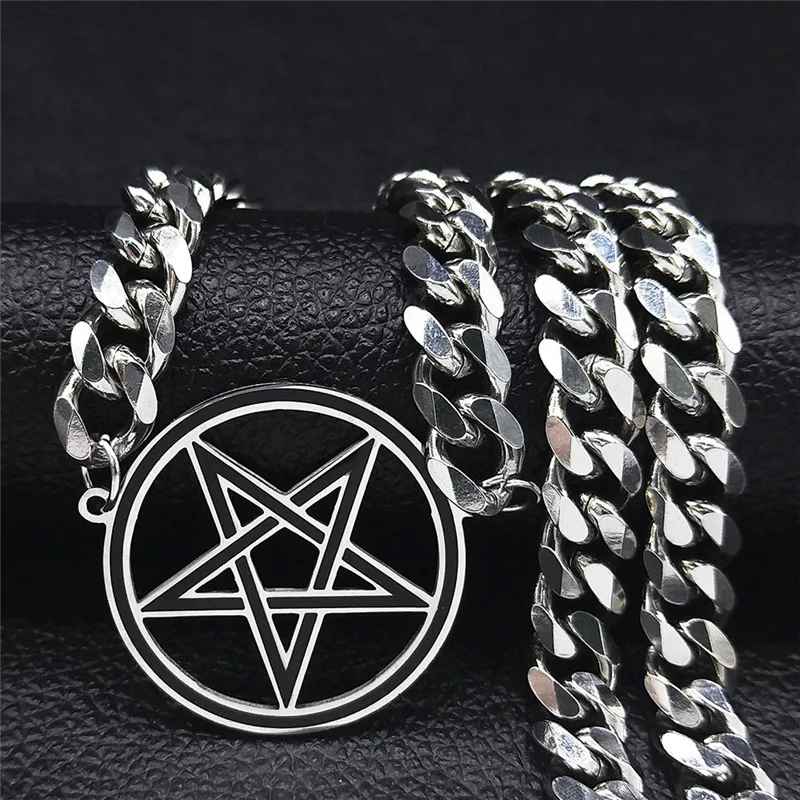 Punk Pentakel Umgekehrtes Pentagramm Halskette für Männer Schlüsselbein Kubanische Kette Edelstahl Choker Halsketten Satan Schmuck