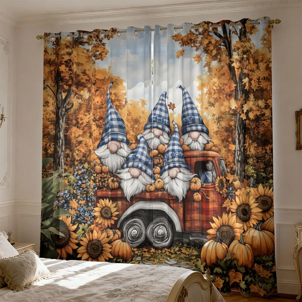 2pc Autumn Forest Truck Dwarf Print Curtains Living Room Bedroom Blocking Out Light Stylish Home Decoration