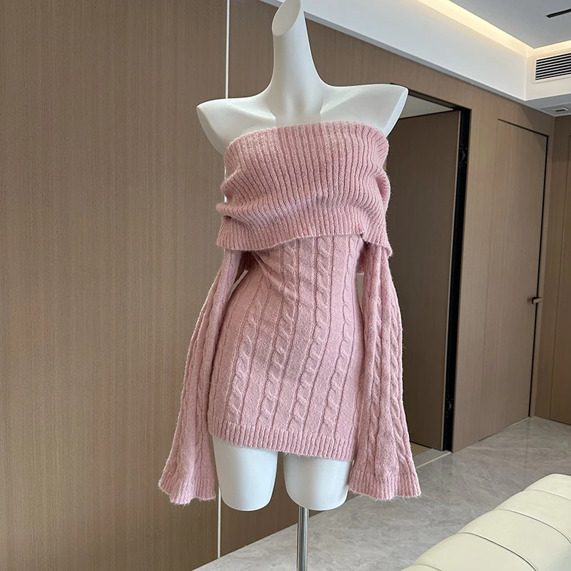 LUZHEN 2024 New Elegant One Shoulder Long Sleeve Knitted Pullover Dress Women Fashion Solid Color Bodycon Female Sweater AA2407