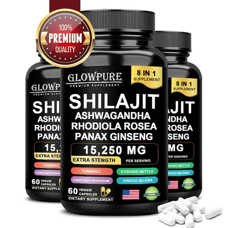 Shilajit 8-in-1 Supplement with Ginseng & Ashwagandha Supports Brain Memory Energy Immunity Focus Vitality 30/60 Capsules