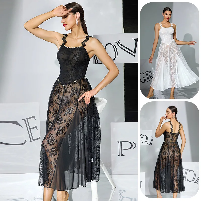 Black and White Two-color Lace See-through Nightdress, Flower Shoulder Strap, Pearl Decoration Waist Long Sexy Loungewear W74977