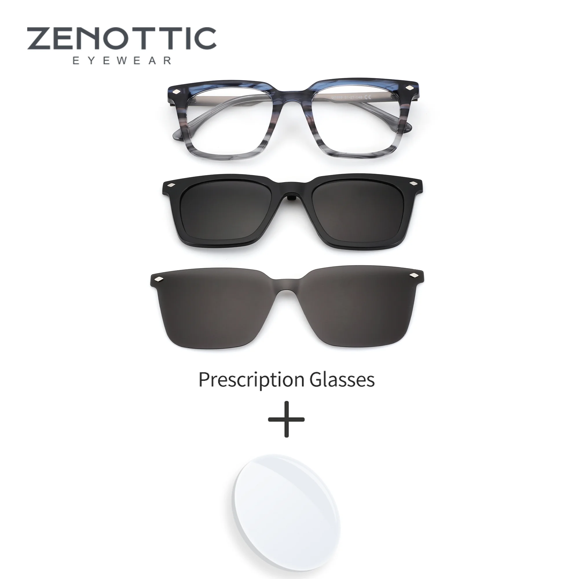 

ZENOTTIC XL Size Modish Magnetic Clip-on Square Prescription Glasses For Men Myopia Polarized UV400 Optical SunGlasses
