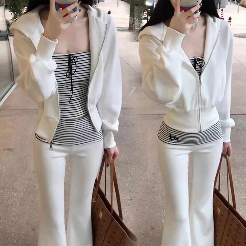 

Новый весенний женский комплект для похудения: уникальный, укороченный, с длинным рукавом, в полоску, топ-бюстье и расклешенные брюки, повседневный модный ансамбль из двух предметов