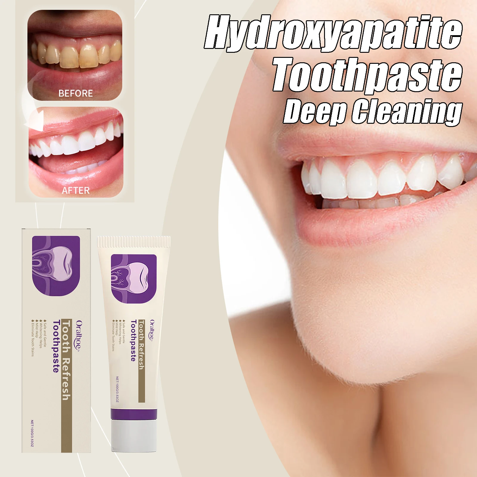 

Гидроксипазитная зубная паста Глубокая очистка Эффективно удаляет пятна Желтые зубы Стойкая зубная паста для свежего дыхания и удаления пятен