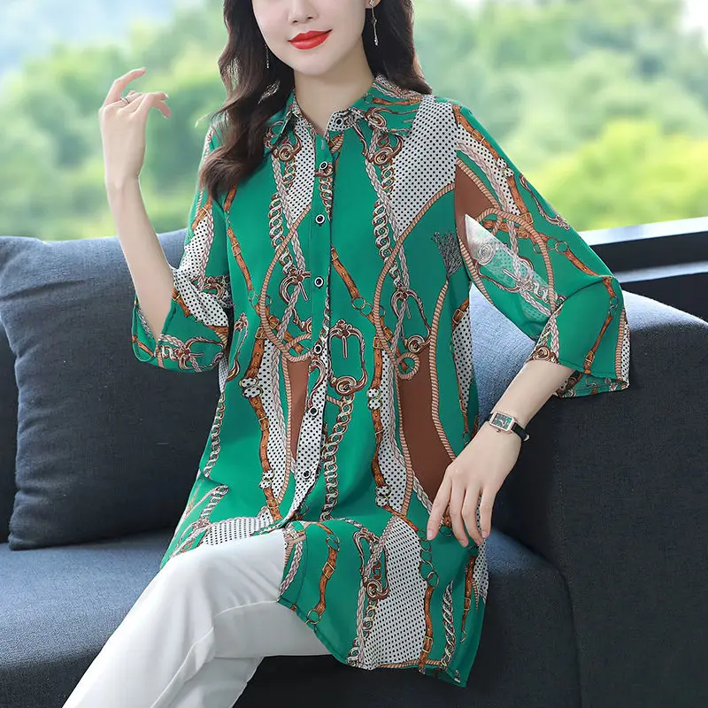 Elegant Vintage Single-breasted Printed Polo-Neck Shirt Summer New Women's Clothing Fashion Casual Chiffon Blouse for Female