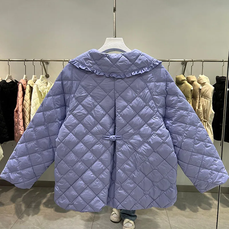 Korean New Women White duck Down Parkas 2022 Women Solid color Loose Ruffle Check Lapel Puffer Jacket