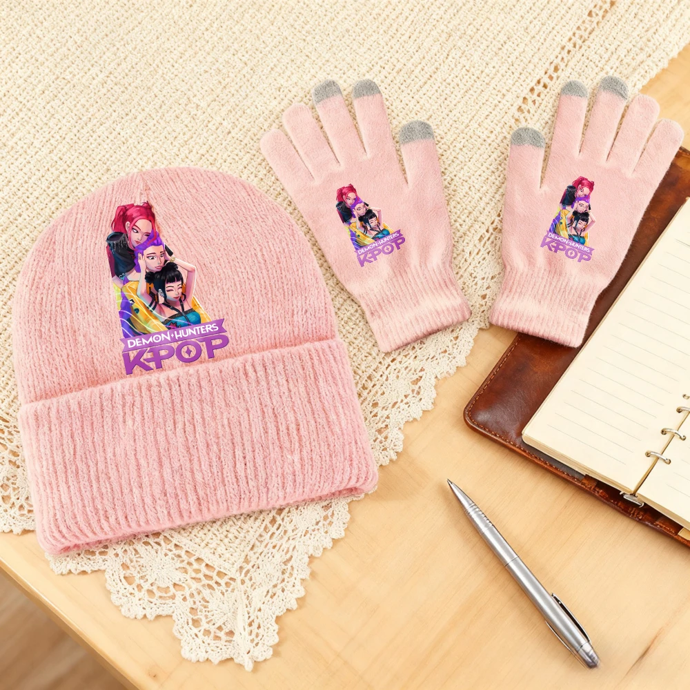 2 Pcs Kpop Demon Hunters Gloves Knitted Hat Suit for Girls Letter Printed Knit Hats Mittens Set Children Winter Warm Accessories