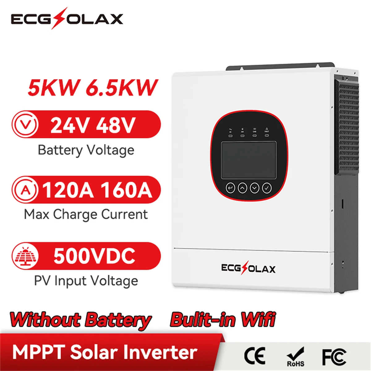 ECGSOLAX 48V 6.5KW 230Vac Hybrid Solar Inverter Built-in WIFI MPPT Controller 120A Hybrid PV Inverter For Solar Energy System