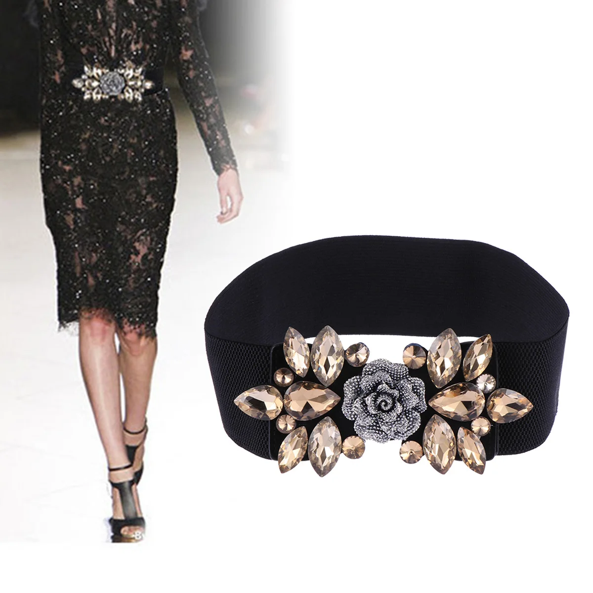 

Elastic Waist Women Cinch B Adjustable Floral Buckle Tan Fits Dress T Shirt Stylish Crystal Rose Elastic Waist Belt Gift
