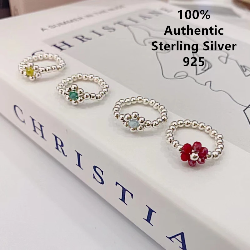 

Sterling Korean Small Colorful Flower Silver Bead Elastic Anillos De Plata Ley Argent 925 Mujer Ring Jewelry Original For Women