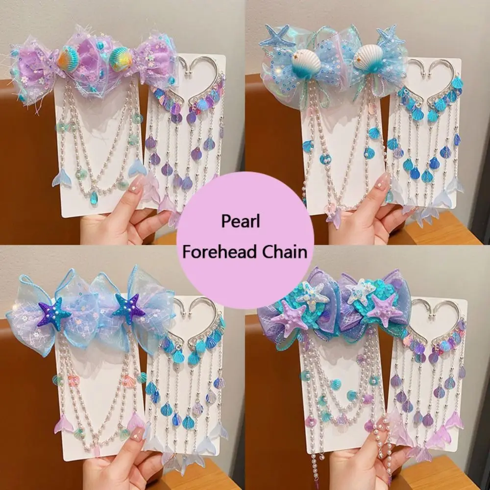 Fashion Cute Hair Clip Mermaid Pearl Sweet Tassel Forehead Chain Fairy Creative Earhook Accessories for Children