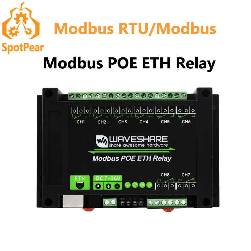

8-канальный релейный модуль Ethernet промышленного класса Порт Ethernet PoE Коммуникация Протокол Modbus PoE Источник питания Waveshare