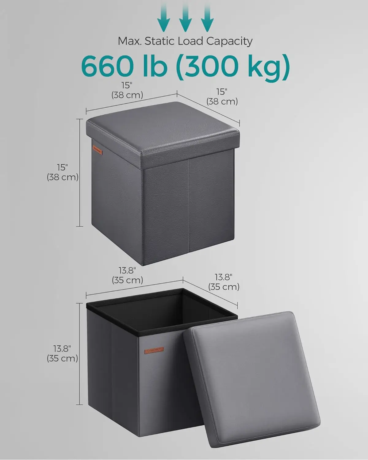 Otomana de piel sintética con almacenamiento, taburete de pie, 15 pulgadas, capacidad de carga de 660 lb, para dormitorio