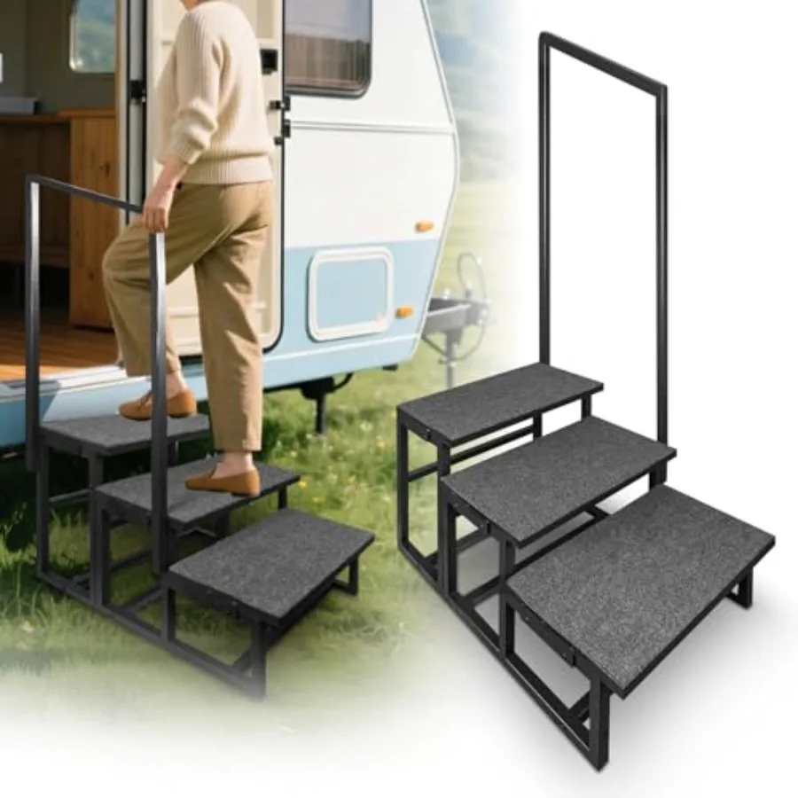Escalón de 3 Peldaños para Autocaravana con Pasamanos, Peldaños Más Anchos con Tapete Antideslizante y Soporte de Base, Escalera de Ayuda para la Movilidad para Personas Mayores, Ideal para Autocaravanas