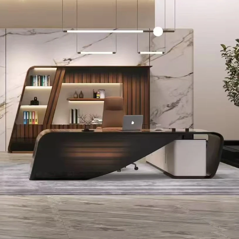 Luxury L-shaped executive desk with expandable side cabinets, E1 MDF modern desk made.