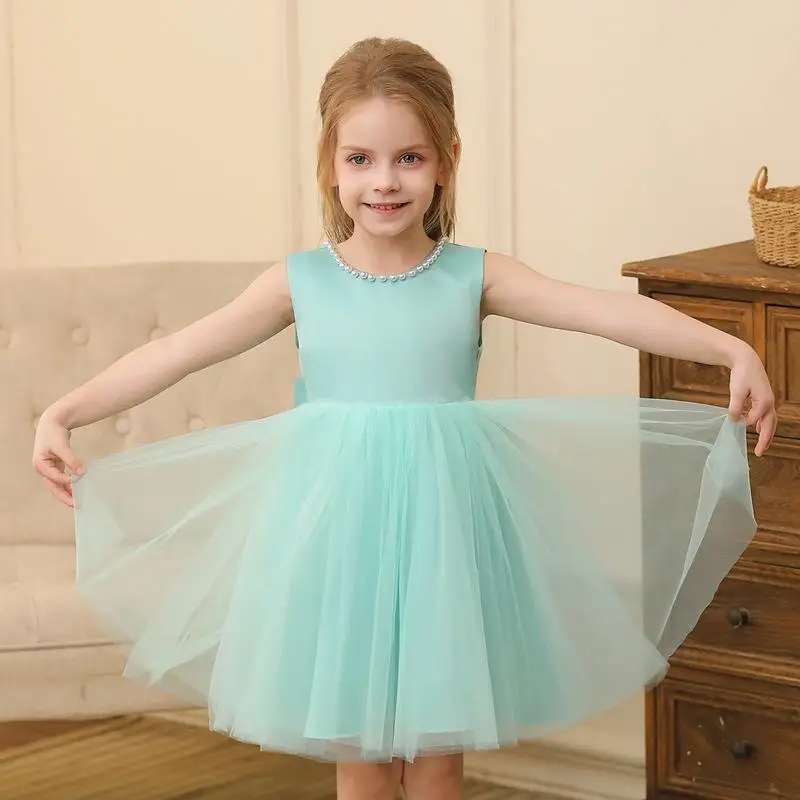New Solid Color Pearl Bow Sleeveless Mesh Fluffy Skirt for Girls Christmas Halloween Birthday Party Princess Dress for 2-10 Year