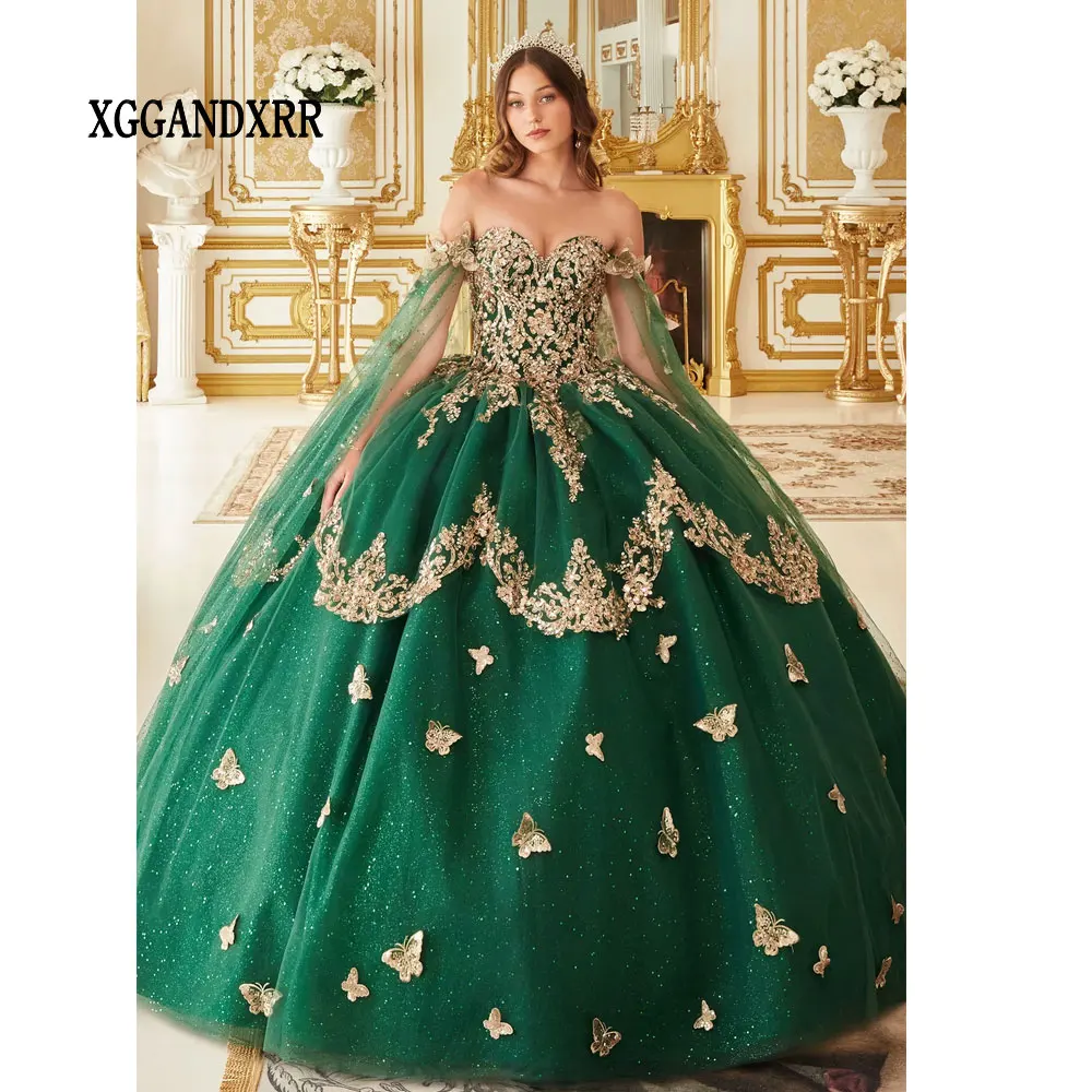 Emerald Green Lace Applique Long Ball Gown Quinceanera Dresses 2024 Off The Shoulder Princess Birthday Party Vestidos De 15 Años