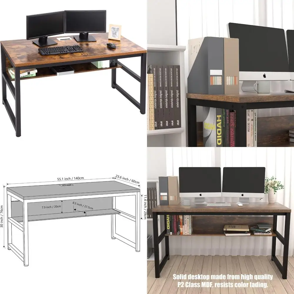 

Rustic Brown 55 Thick Topsky Desk with Bookshelf and Metal Cable Management