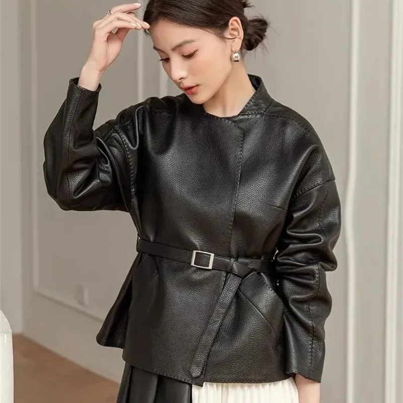 

2025 Female Leisure PU Leather Coat Korean Ladies Short Faux Leather Jacket Autumn Women Fashion Long Sleeves Leather Outwear