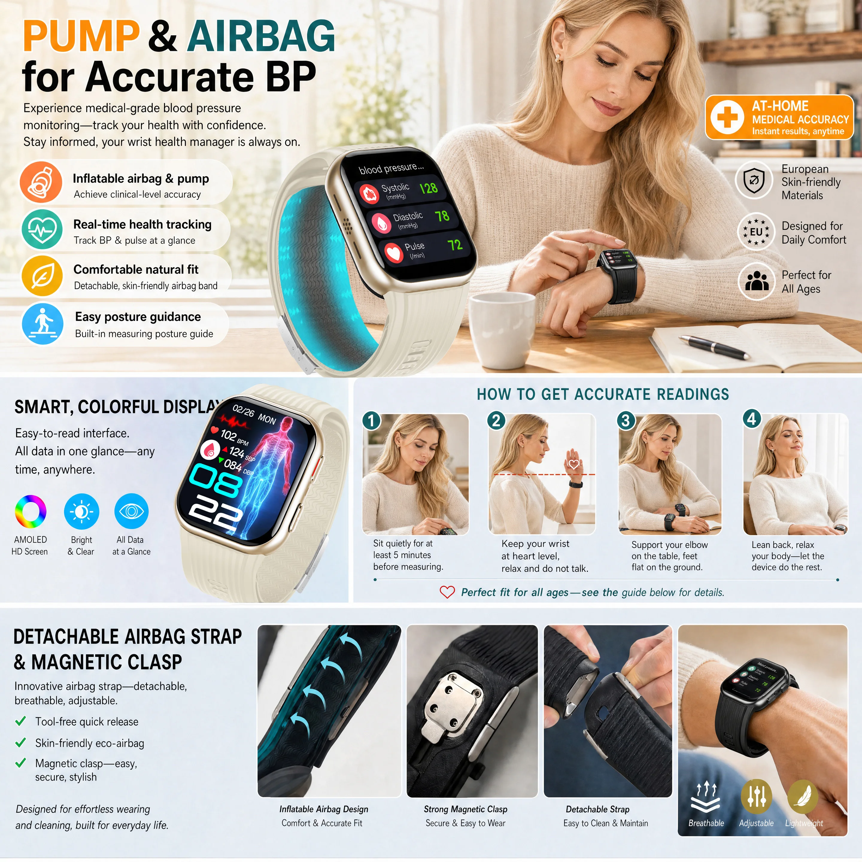 Air Pump Air Bag Smart Watch ECG Blood Pressure HRV Monitor SOS Women Health Sleep Fitness Sports Smartwatch Free Airbag Strap