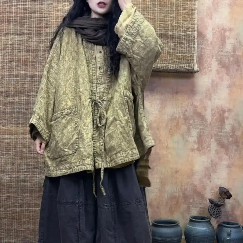 

New Autumn Arts Style Women V-neck Batwing Sleeve Vintage Jackets Double Pockets Loose Lacing Cotton Linen Coats High Quality