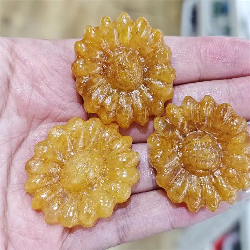 2 قطعة النار الأصفر الطبيعي الكوارتز الهيماتويد ليتل ديزي عباد الشمس نحت شفاء فنغشوي الريكي ديكور المنزل هدية عيد #4