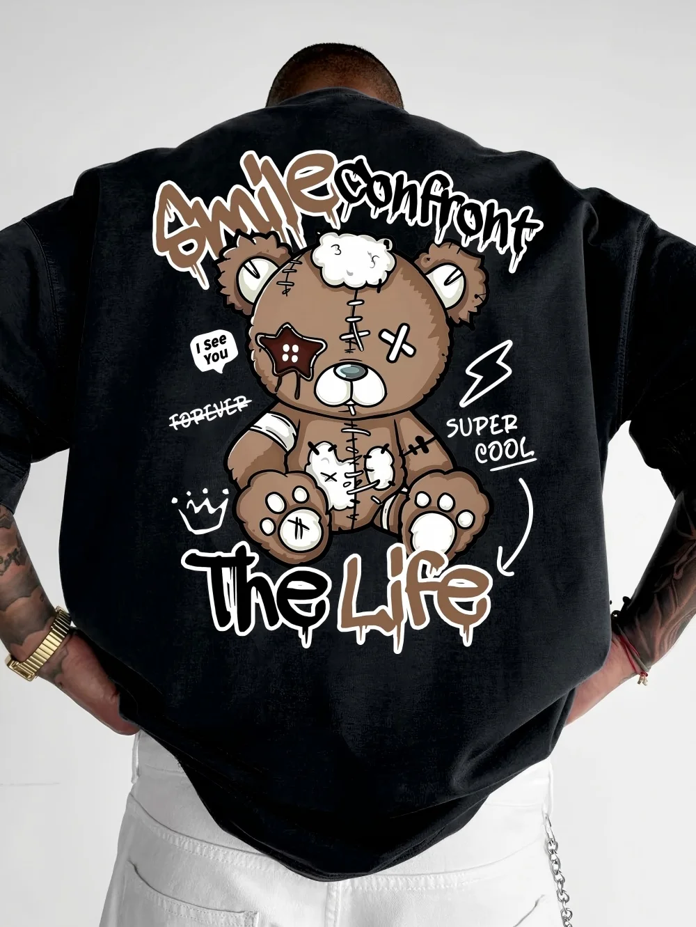 American men's summer patch teddy bear letter print soft and breathable round neck T-shirt outdoor urban street style top