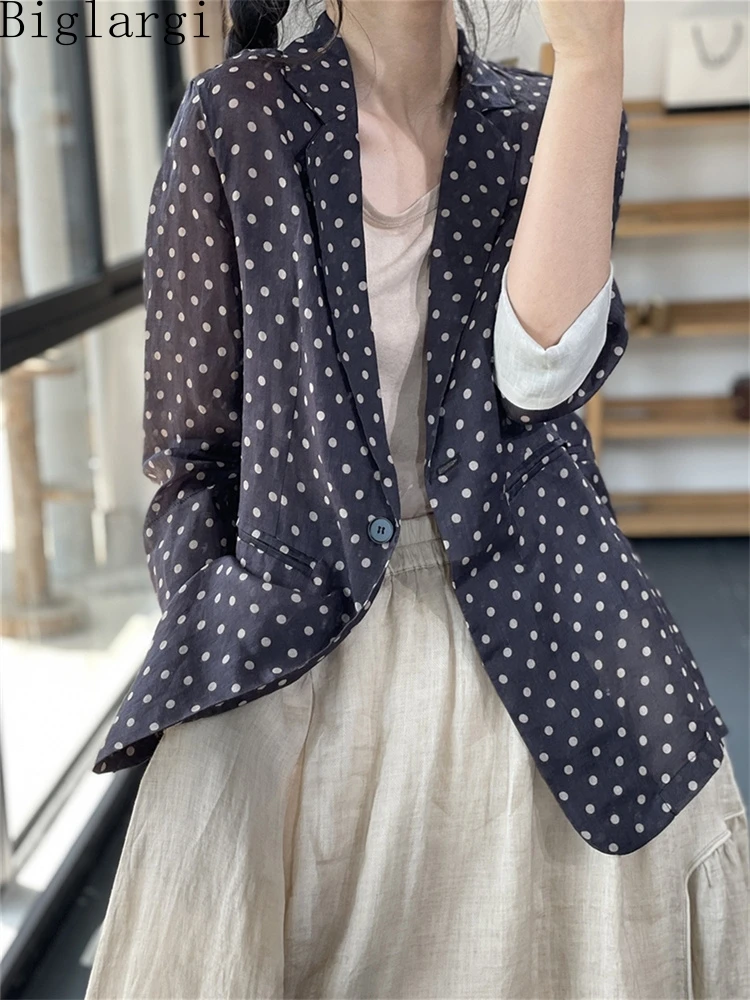 Oversize corea estate Vintage a pois donna cotone lino Blazer cappotto moda donna Casual grande formato Cardigan con stampa allentata