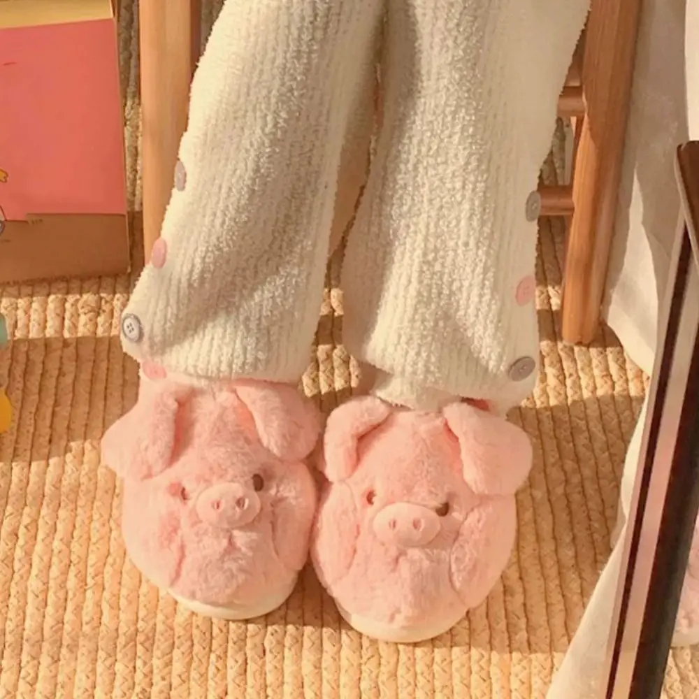 Houseshoes Homewear Pig Slippers Thicken Cartoon Winter Warm Slippers Anti-slip Cute Furry Cotton Shoes Girls