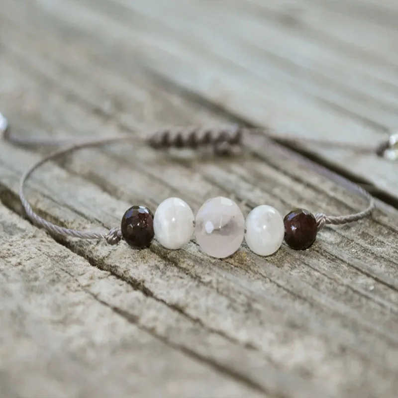 Rose Quartz + Moonstone + Garnet | Meditation Bracelet | Minimalist Jewelry | Hypoallergenic | Yoga Bracelet | String Bracelet