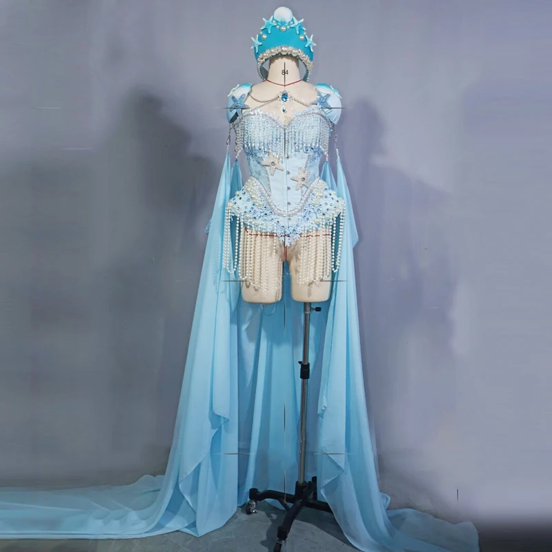 Women Group Pole Dance Clothing Halloween Cosplay Jazz Dance Costume Blue Pearls Fringed Bodysuit Stage Festival Wear XS11726
