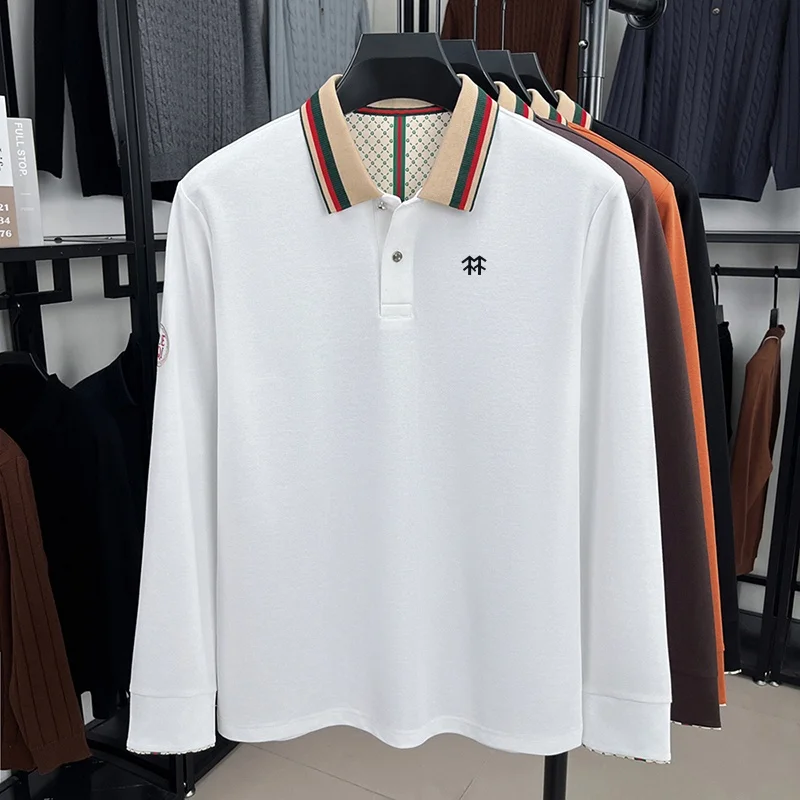 Men's High Quality Solid Color Print Polo Shirt Autumn New Soft Cotton Long Sleeved Lapel T-shirt Trend Exquisite Men's Clothing