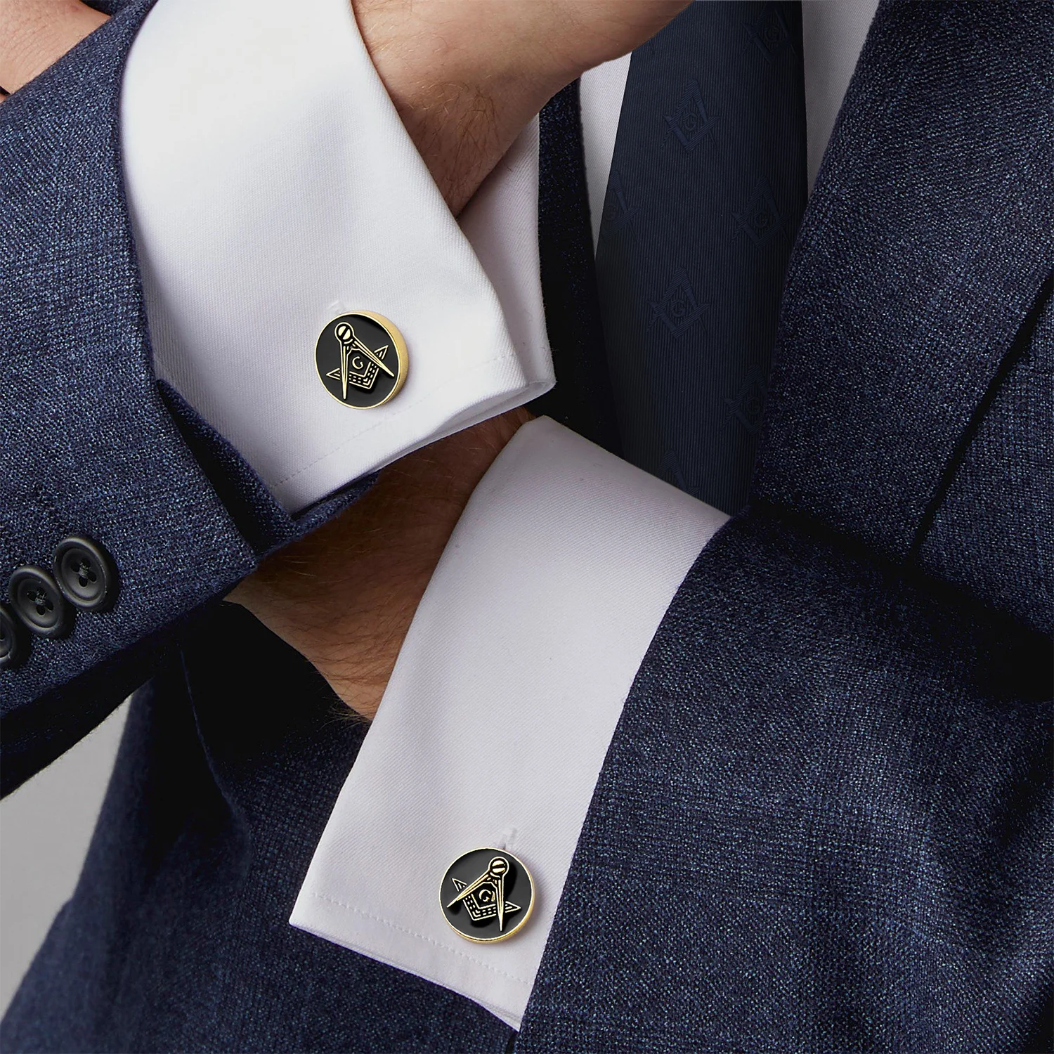Masonic Cufflinks for Men 18mm Round Brass Gold Plated Black Enamel Square Compass G Symbol Freemason Cuff Links Wedding Gift