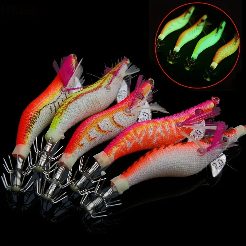 5er-Pack leuchtende Tintenfisch-Festgarnelenhaken – leuchtender Salzwasser-Angelköder, realistisches bionisches Design, mit 3 Drillingshaken, gemischt C