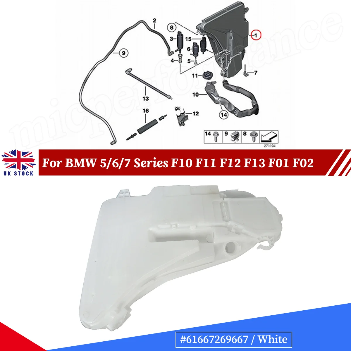

Replacement Washer Fluid Reservoir 61667269667 For BMW F01 F02 F03 F04 F06 F07 F10 F12 F13 F18 528i M6 640i 730i 750i Alpina B7