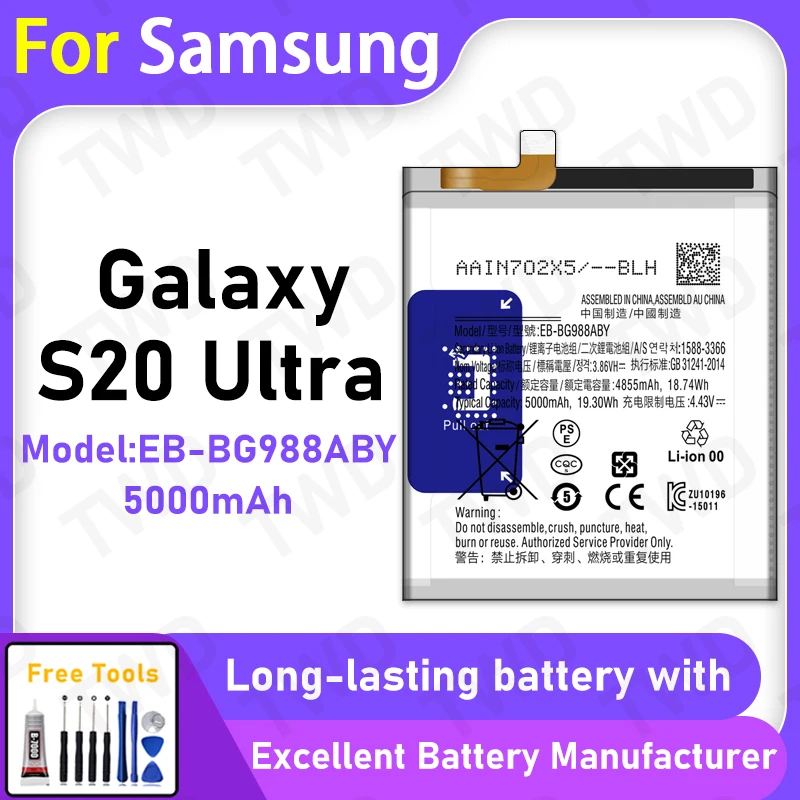 

100% New 5000mAh EB-BG988ABY Battery For Samsung Galaxy S20 Ultra Battery Replacement Bateria+Free Tools