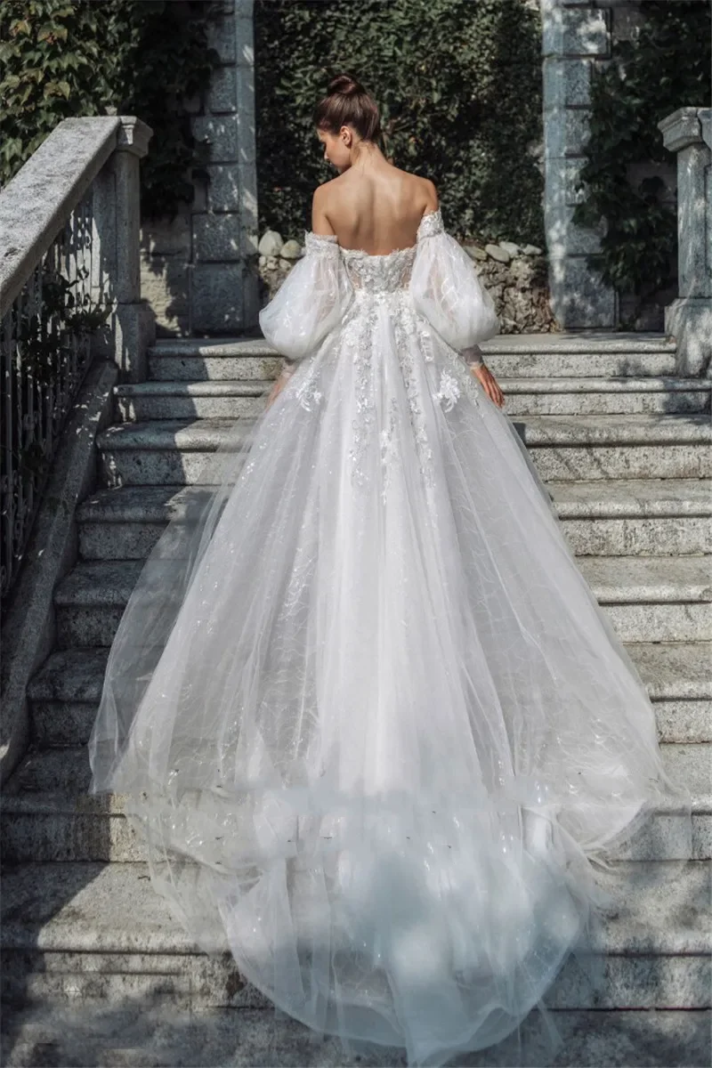 Robe de mariée en tulle blanc sexy avec appliques, camisole, manches bouffantes, dos nu, robe de mariée scintillante, longueur au sol, robe éducative